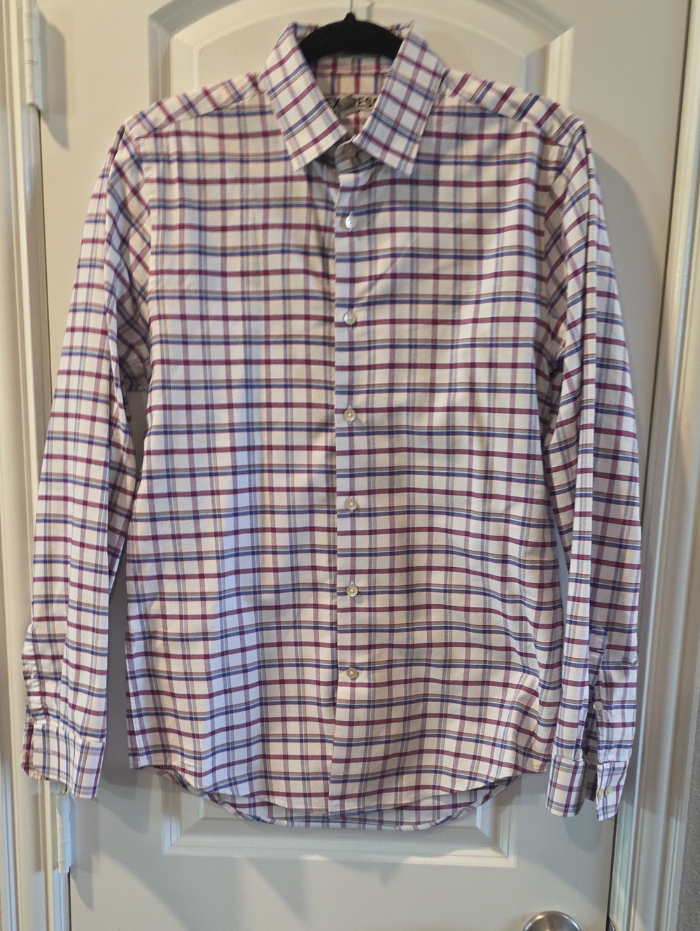 Express Men's Red, White, and Blue Fitted Dress Shirt